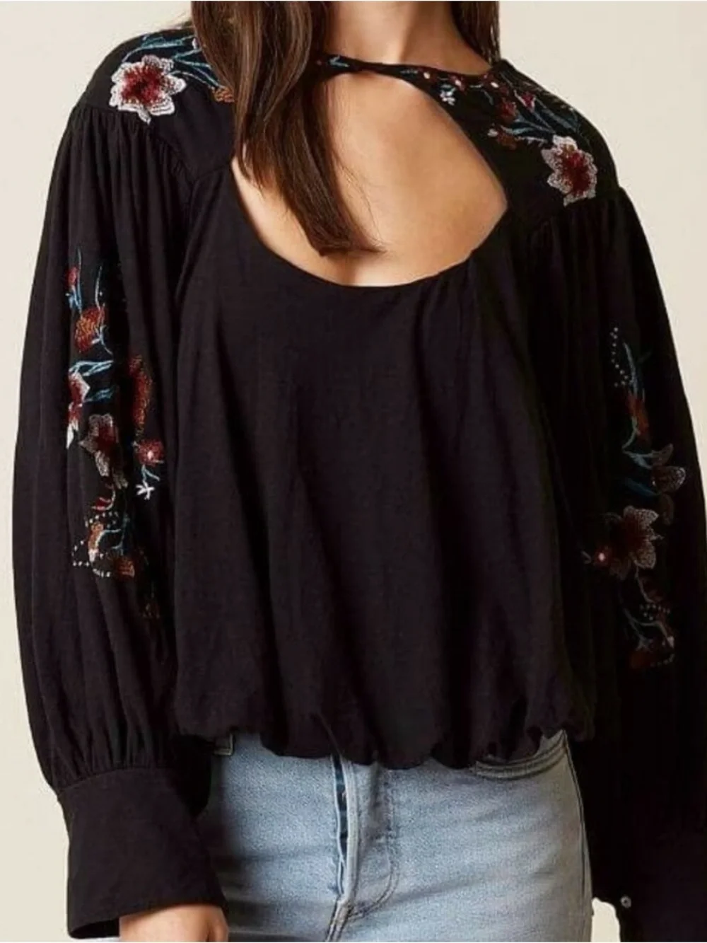 Free People black Lita Cutout Blouse Floral Embroidered Pullover Oversized linen